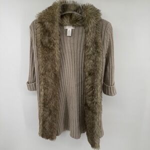 Y2K Kenar Faux Fur Collar Wool Cardigan Womens M Chunky Knit Open Front Coat